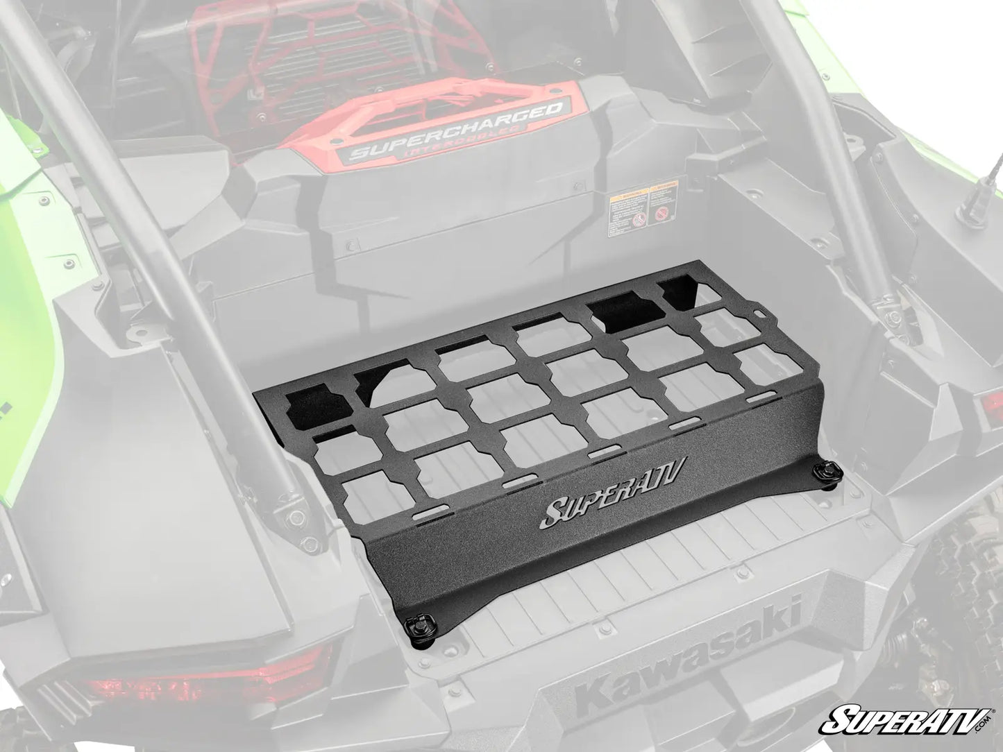 Black SuperATV plate on a Kawasaki vehicle with 'SuperATV' branding.