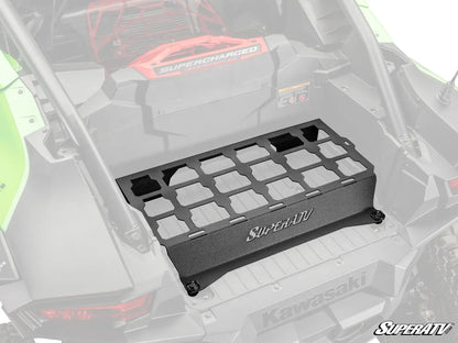 Black SuperATV plate on a Kawasaki vehicle with 'SuperATV' branding.