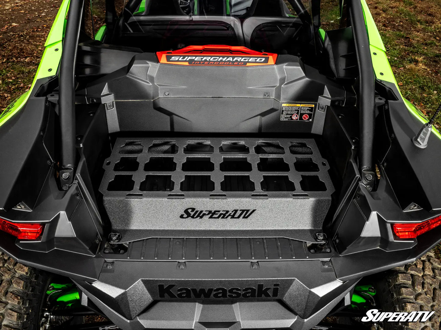 Back of a Kawasaki ATV with SuperATV storage system