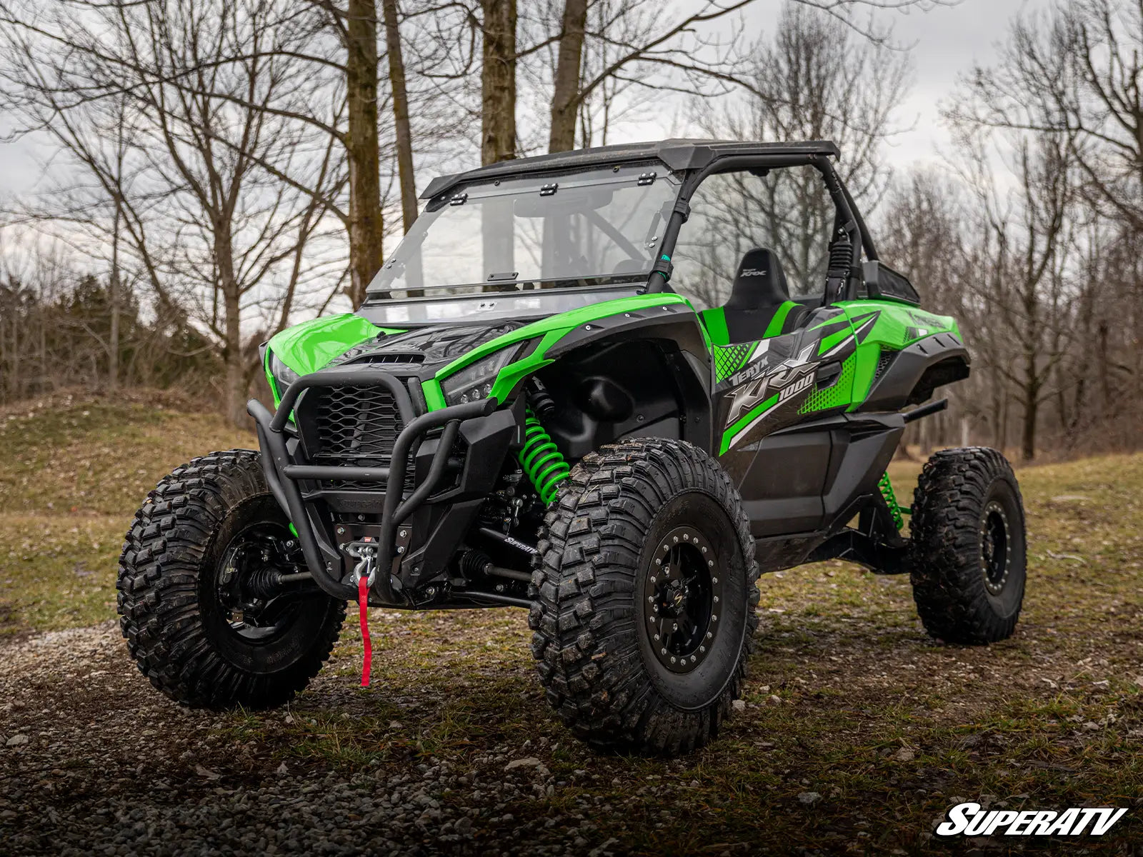 Super ATV High Clearance 1.5" Forward A Arms Black KAWASAKI KRX 1000 KRX4 20-24 Mounted Side View