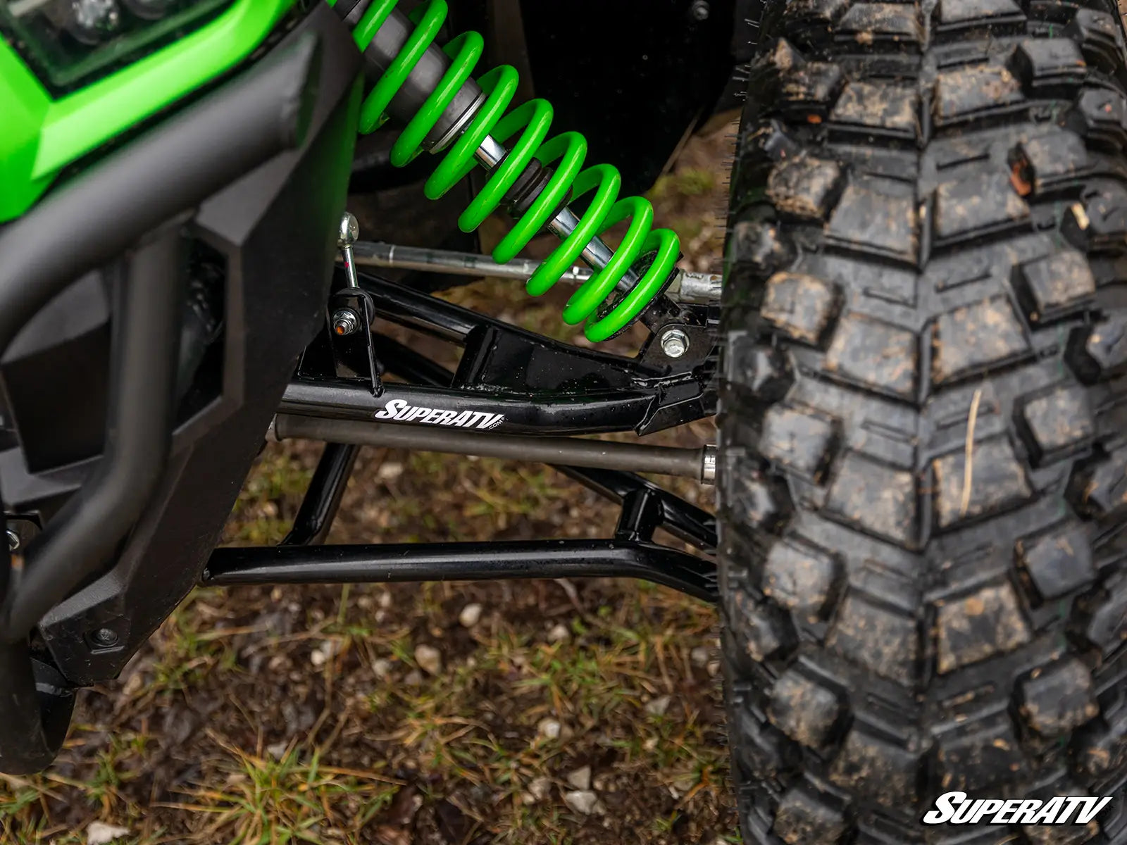 Super ATV High Clearance 1.5" Forward A Arms Black KAWASAKI KRX 1000 KRX4 20-24 Mounted Upper View