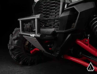 Close-up of an ATV with a black and red frame on a dark background