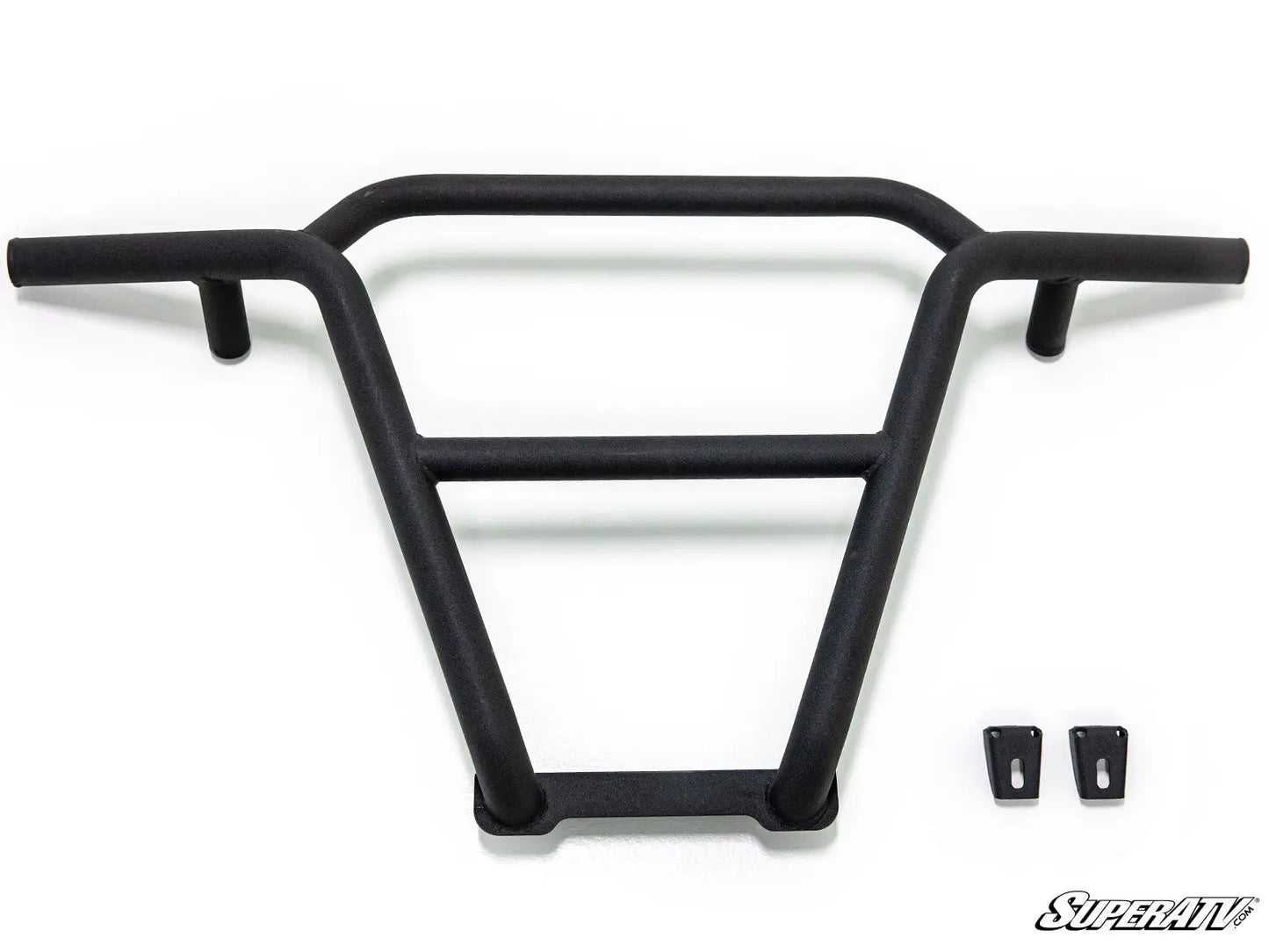 Black metal bumper frame with mounting hardware on a white background