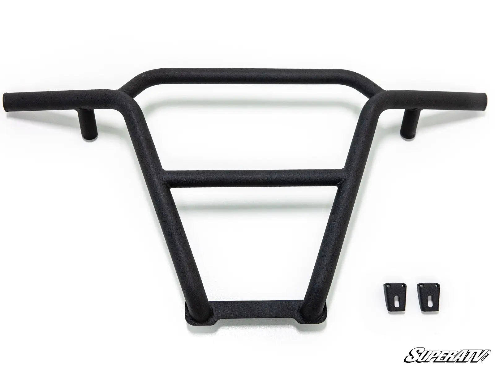 Black metal bumper frame with mounting hardware on a white background