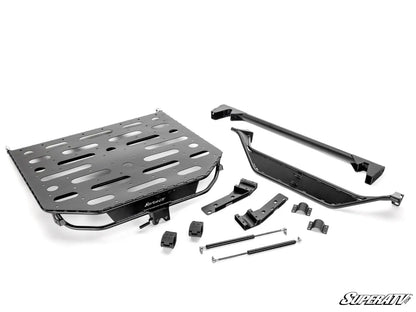 Black motorcycle luggage rack and accessories on a white background with 'SuperATV' branding.