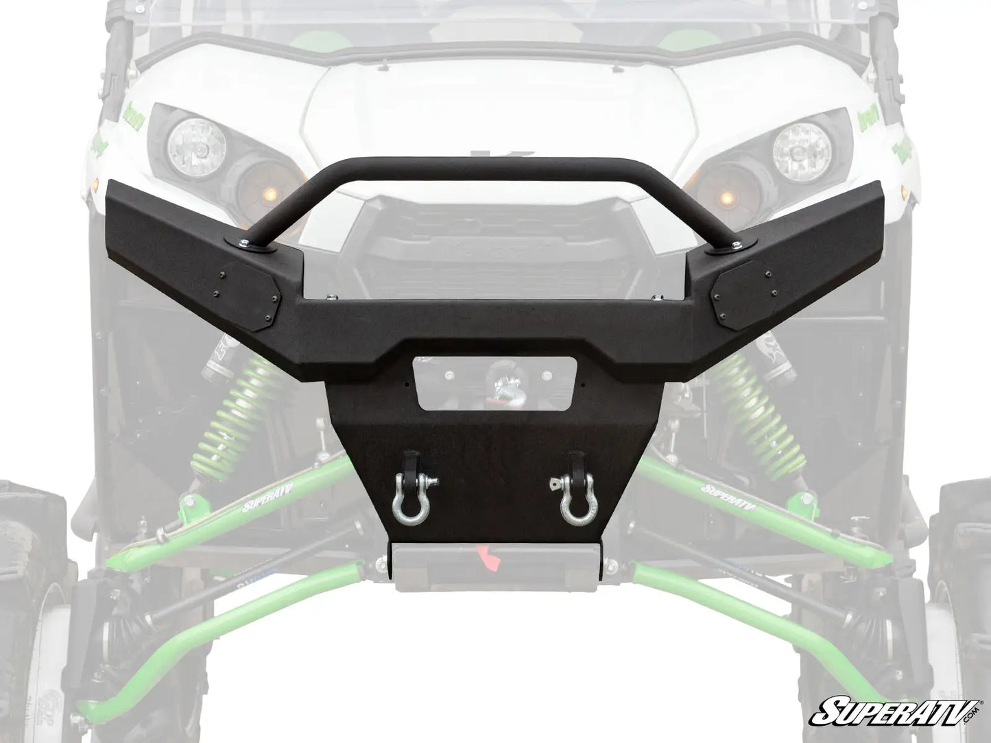 Black front bumper with hooks on a vehicle, featuring the SuperATV logo.