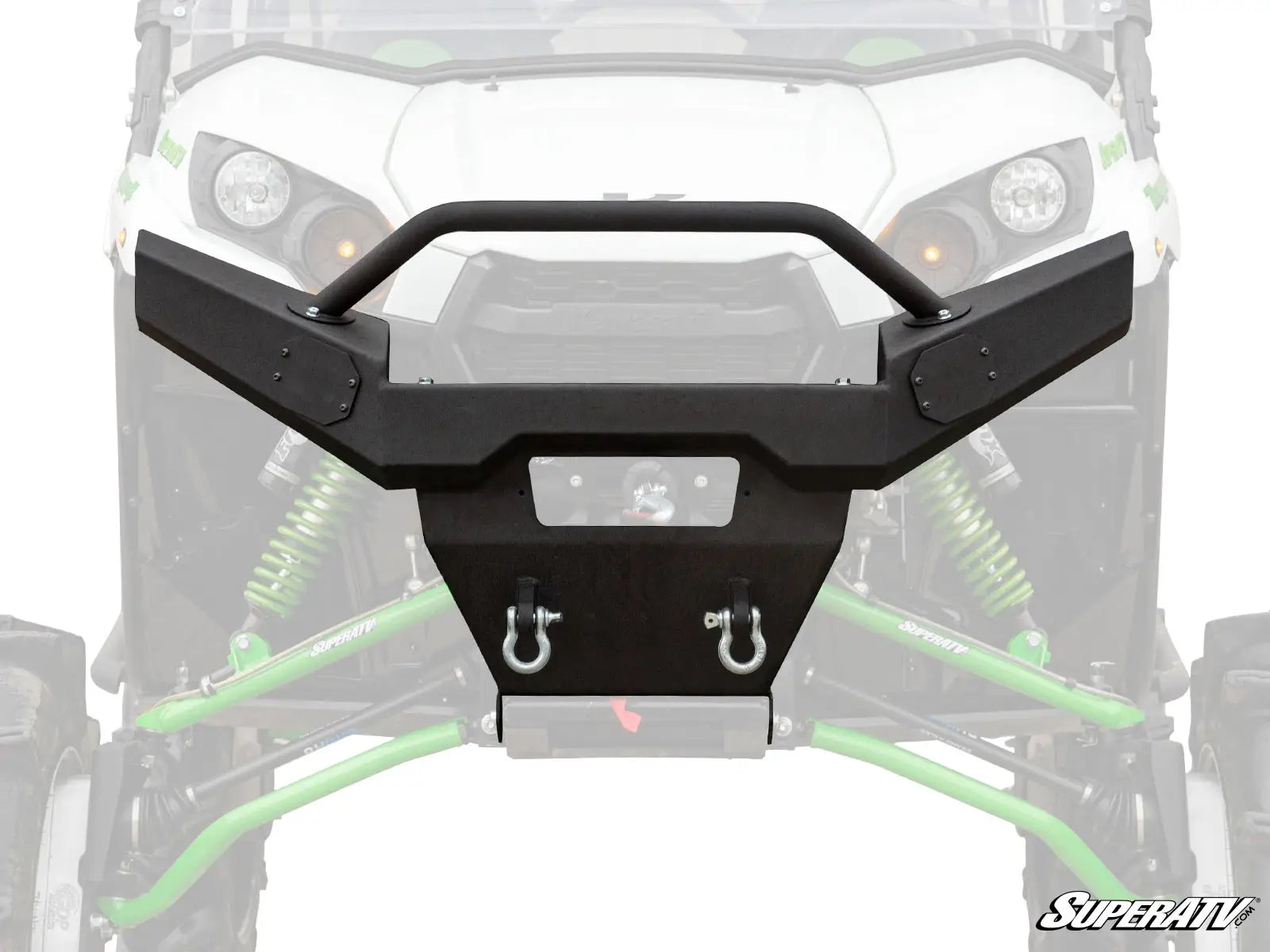 Black front bumper with hooks on a vehicle, featuring the SuperATV logo.