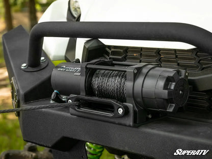 Close-up of a winch mounted on a vehicle with 'SuperATV' branding.