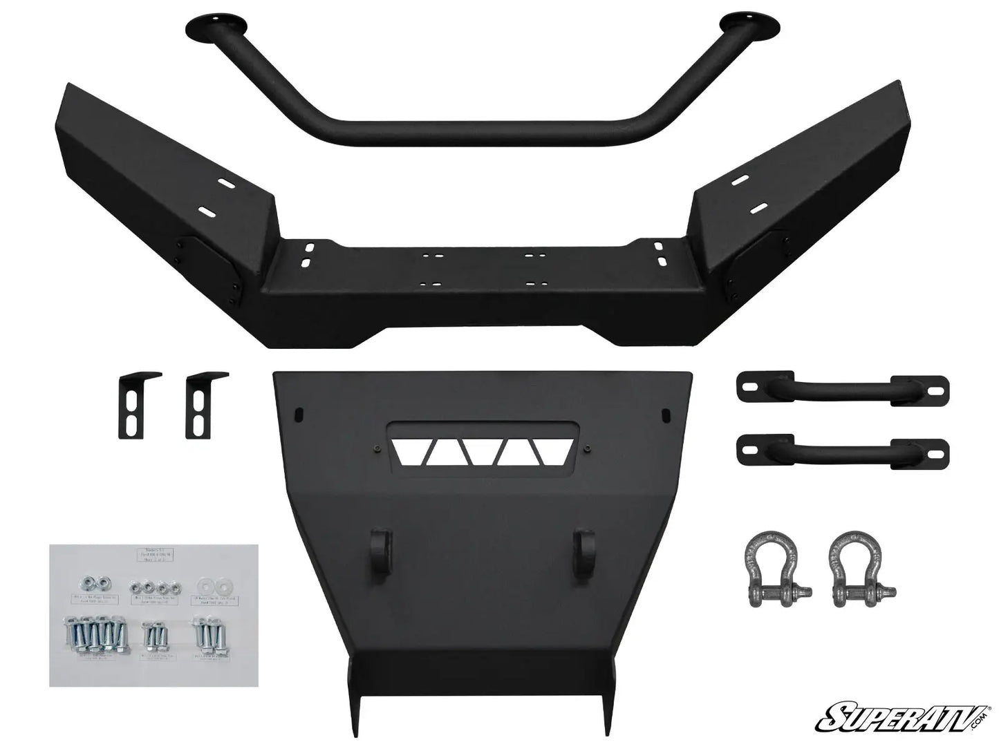 Set of black metal vehicle components on a white background with SuperATV branding.