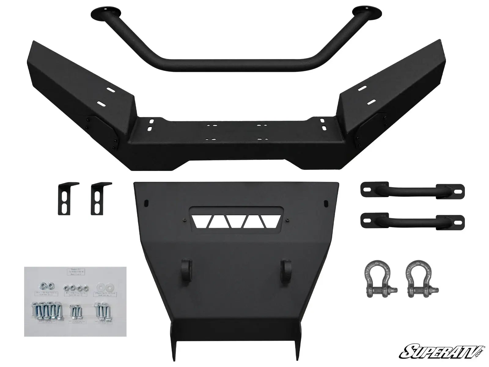 Set of black metal vehicle components on a white background with SuperATV branding.