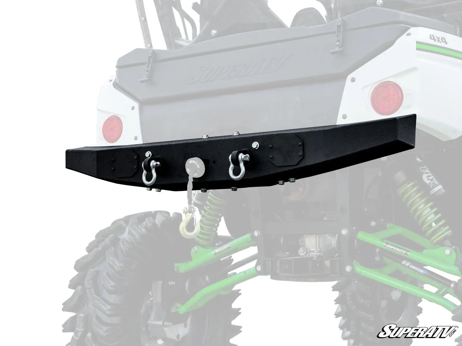 Black bumper with hooks attached to a vehicle, featuring SuperATV branding.