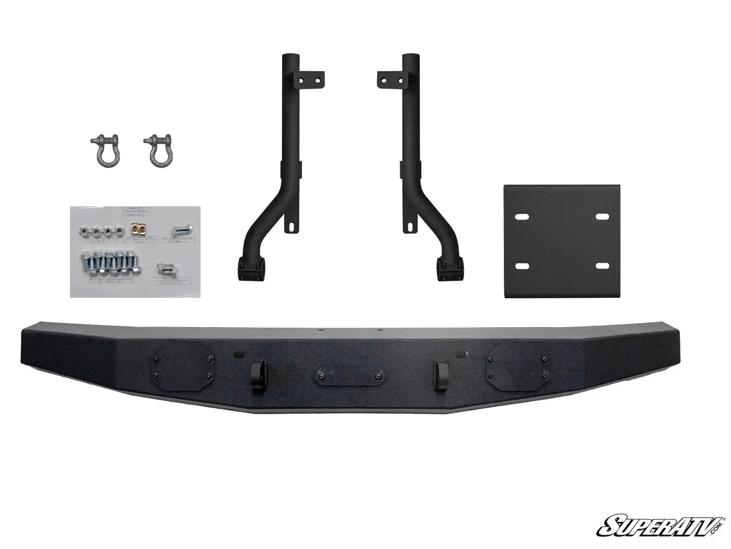 Set of automotive parts including a bumper, brackets, and wiring harness on a white background with 'SuperATV' branding.