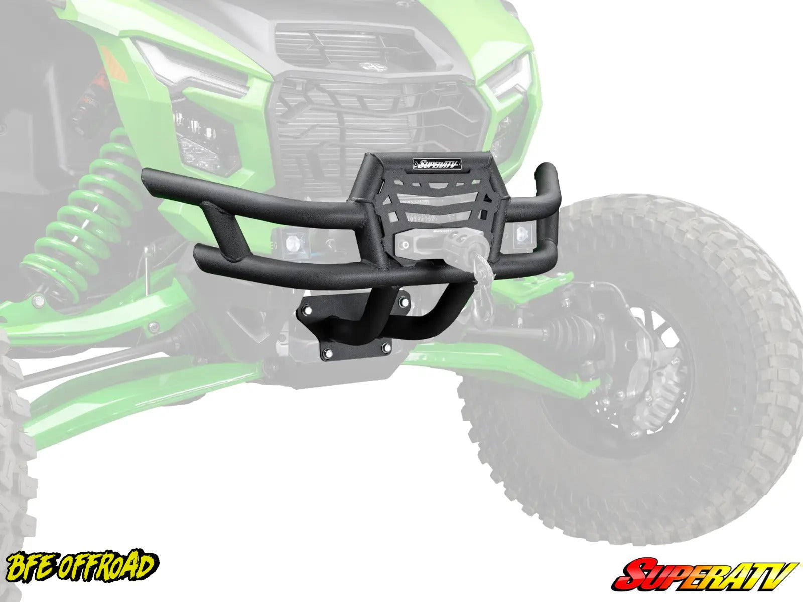 A black metal front bumper guard mounted on a green off-road vehicle, shown against a white background with faded vehicle graphics. The bumper guard has a visible 'BFE OFFROAD' logo at the top center.