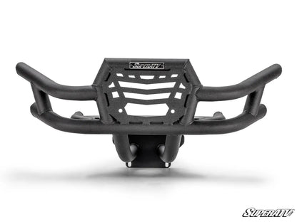 A black heavy-duty front bumper guard and bull bar for off-road vehicles, featuring a textured steel design with a mounted logo plate that reads 'SuperATV'.