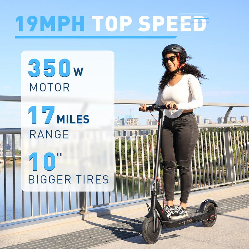Woman riding an electric scooter with specifications displayed on a clear sky background