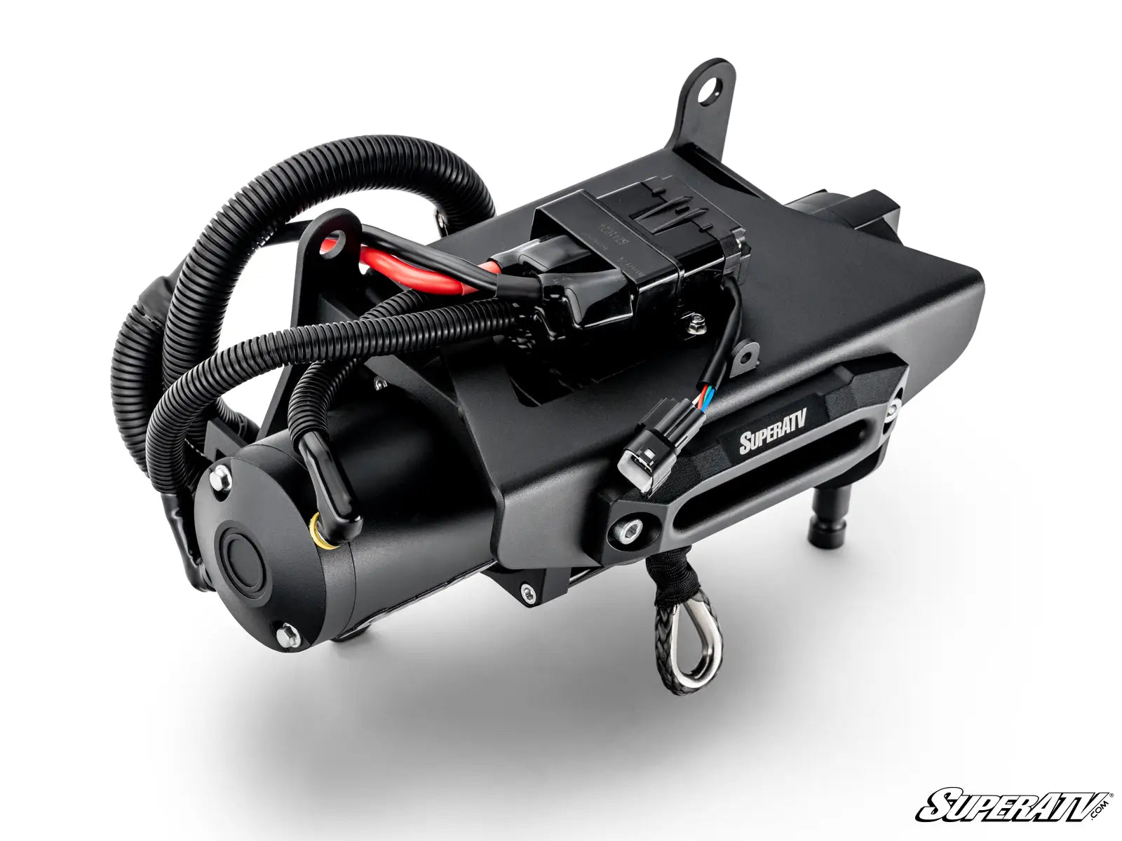 Black winch with cable on a white background, featuring the SuperATV logo.