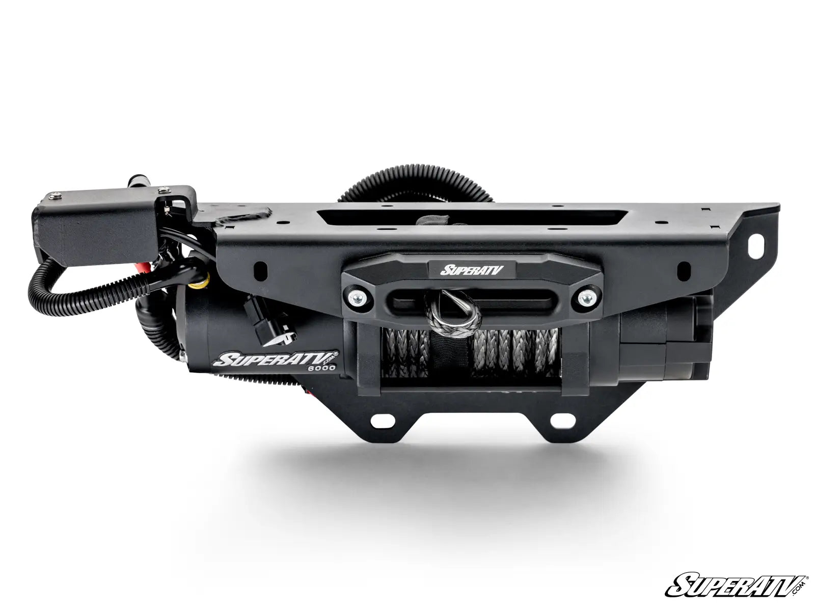 Black SuperATV winch on a white background