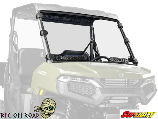 Clear windshield on a light-colored UTV with SuperATV branding.