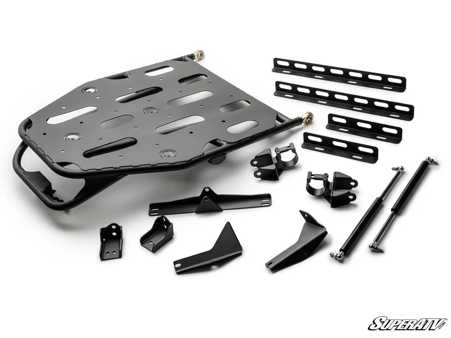 Set of black metal vehicle components on a white background with 'SuperATV' branding.