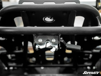 Close-up of a black metal rack on a vehicle with 'SuperATV' branding.