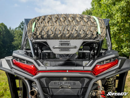 Polaris vehicle with a spare tire mounted on the back, surrounded by greenery.