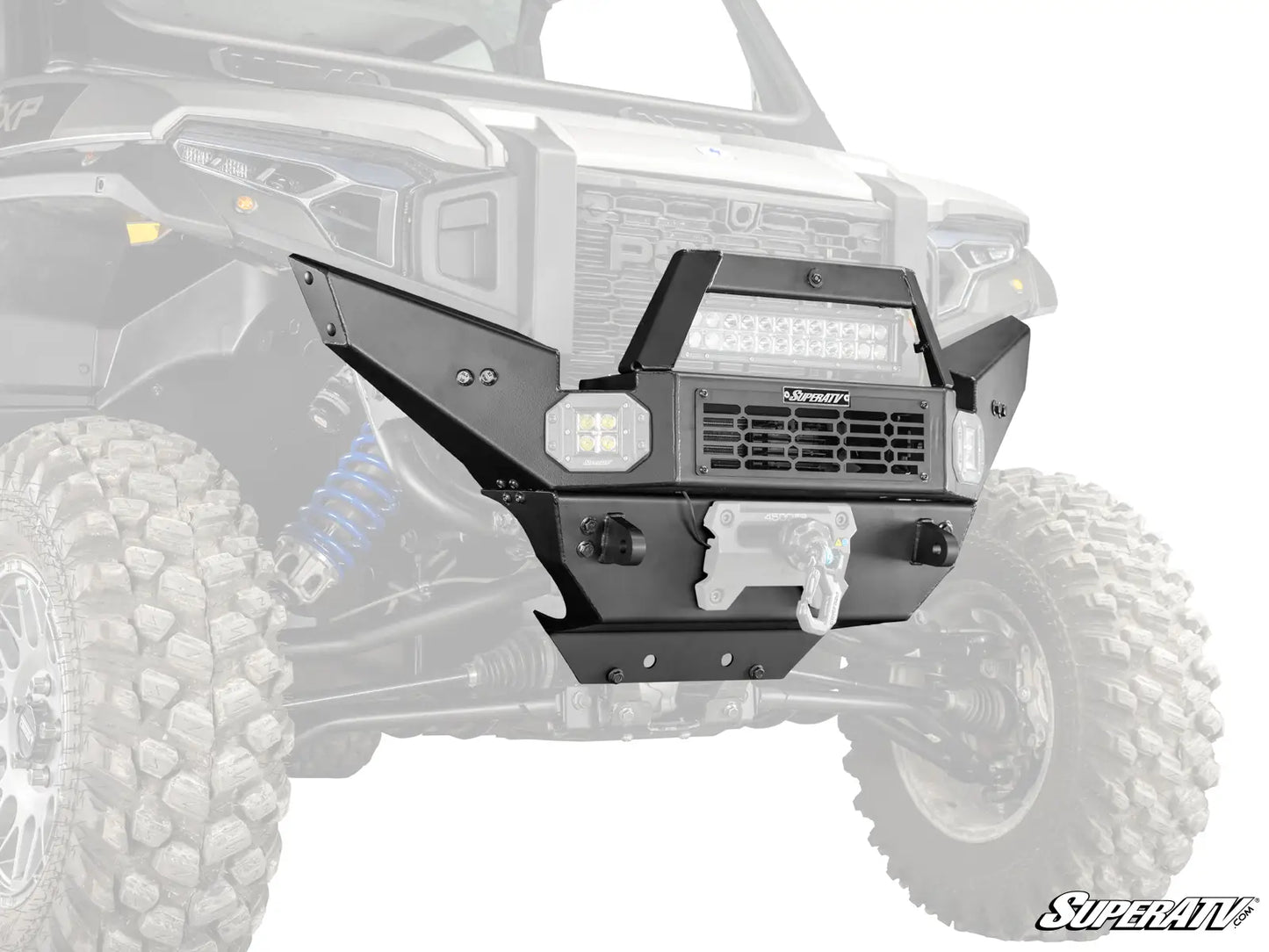 Front bumper with lights on a vehicle, featuring SuperATV branding.