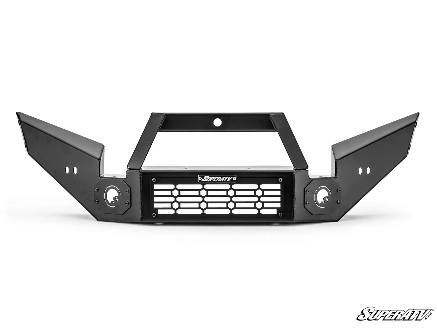 Black vehicle bumper with SuperATV logo on a white background
