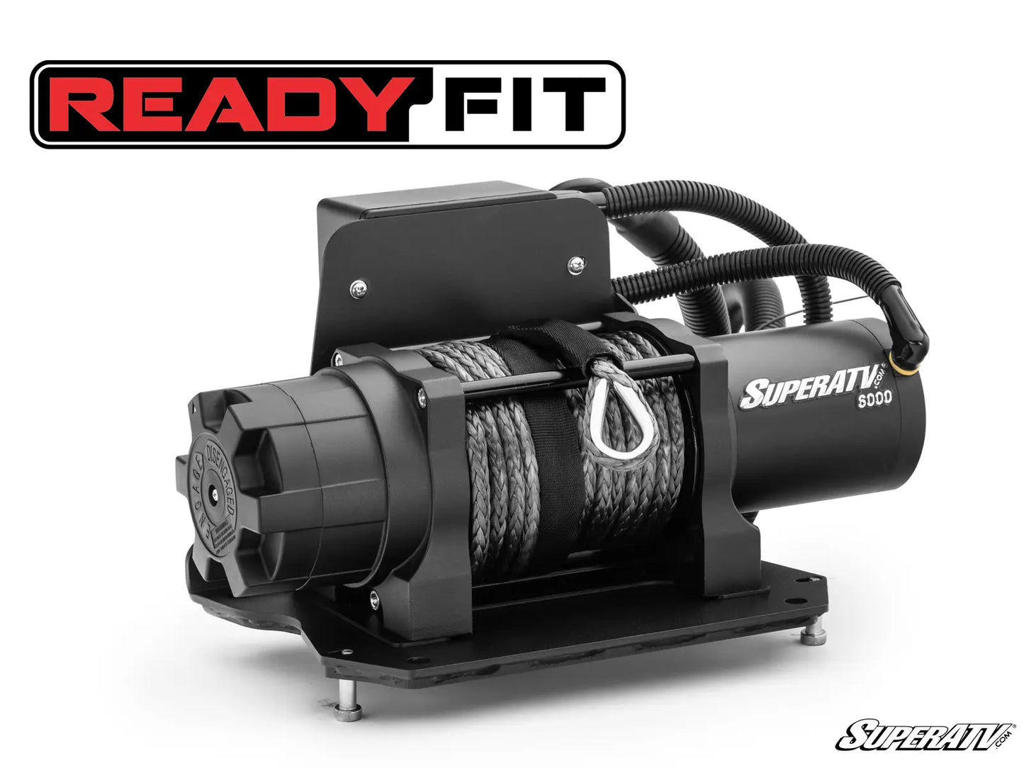 SuperATV winch with 'Ready Fit' branding on a white background