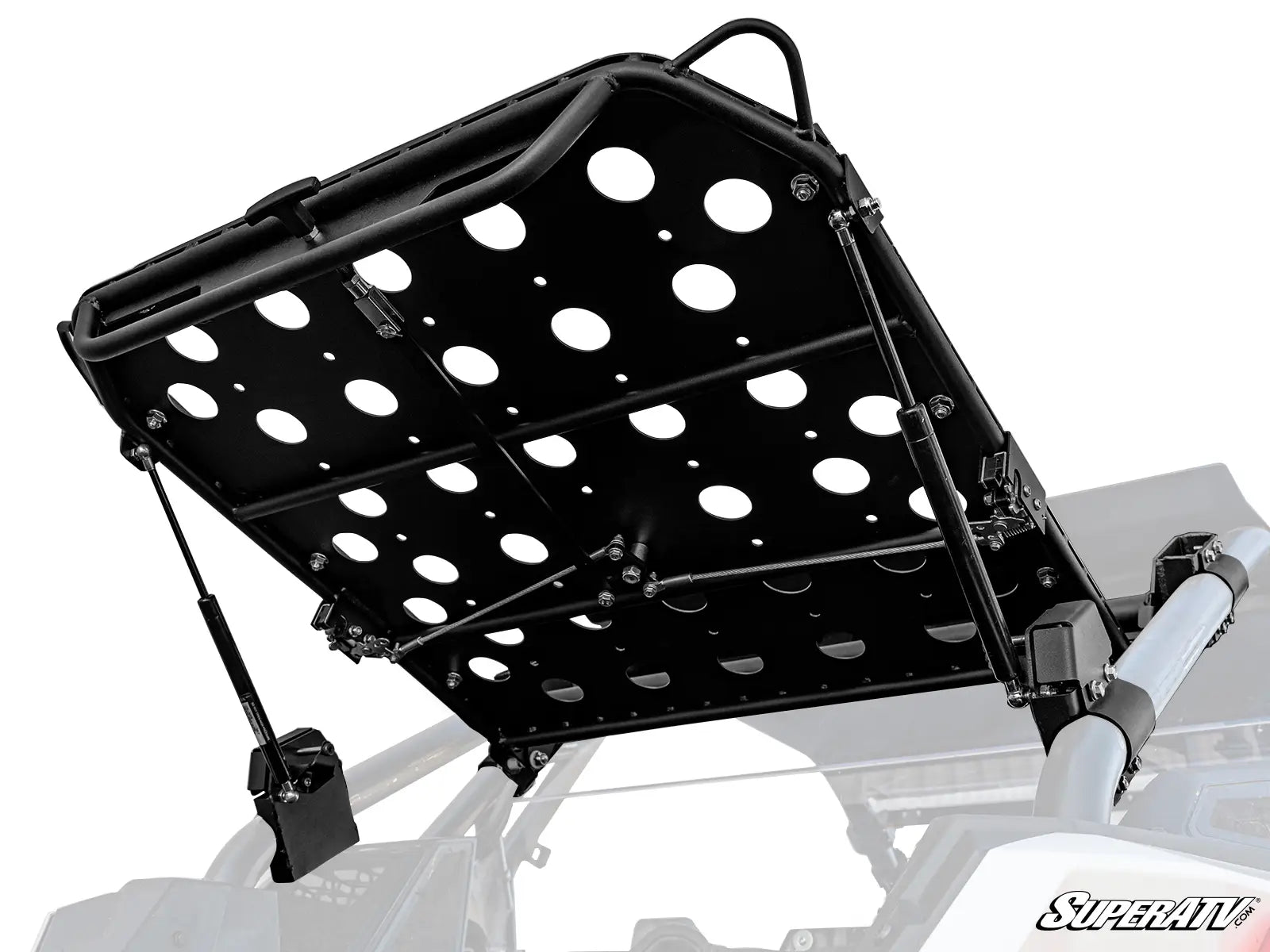 Black metal cargo rack with holes on a white background, featuring the SuperATV logo.