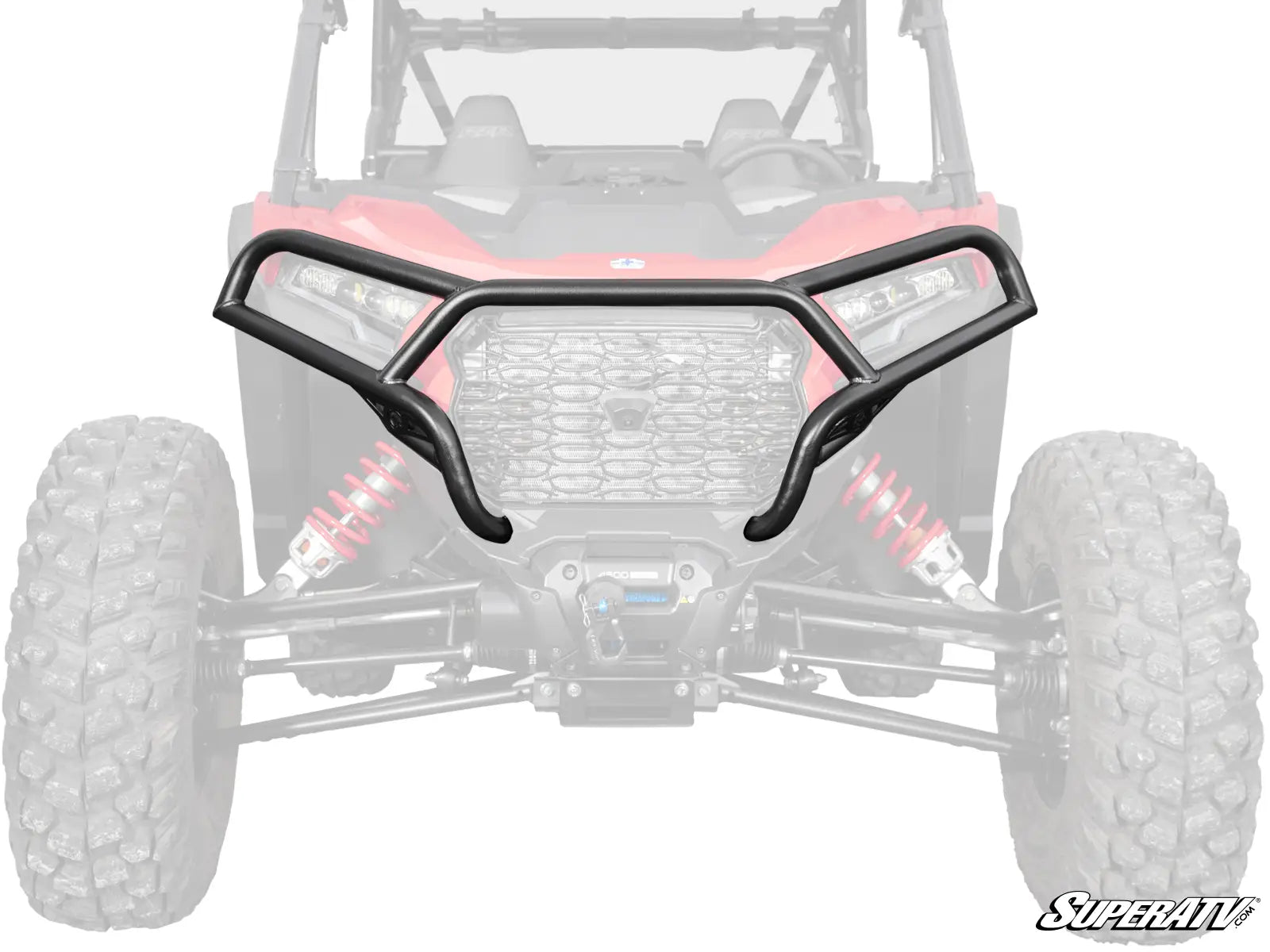 Front view of a black bumper on an off-road vehicle with 'SuperATV' branding.