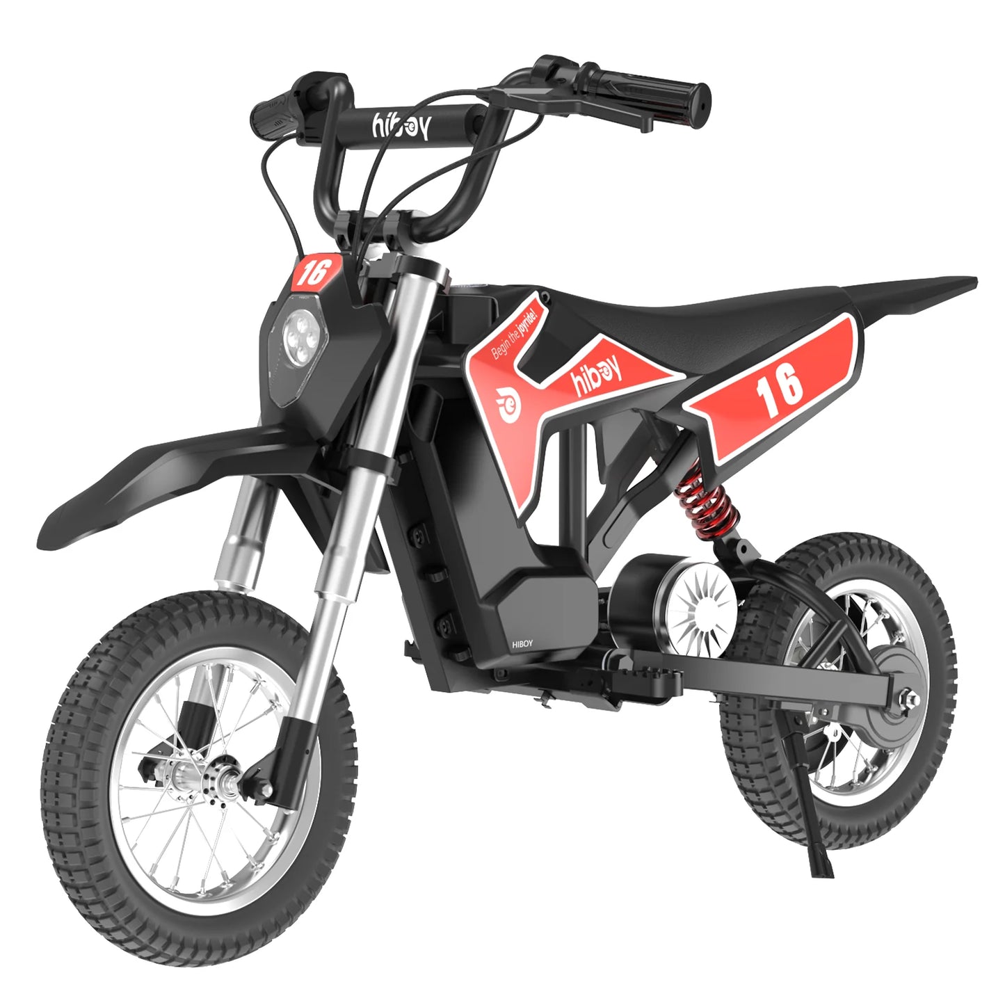 Black and red toy dirt bike with 'Haox' branding on a white background
