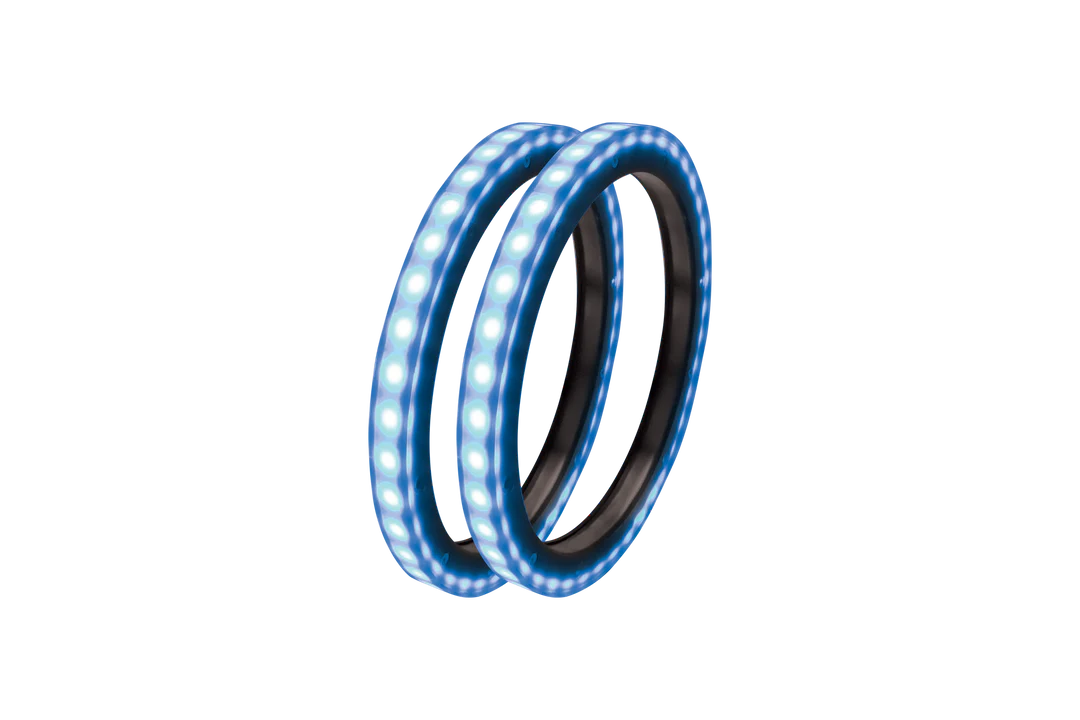 Two blue LED bicycle tire lights on a white background