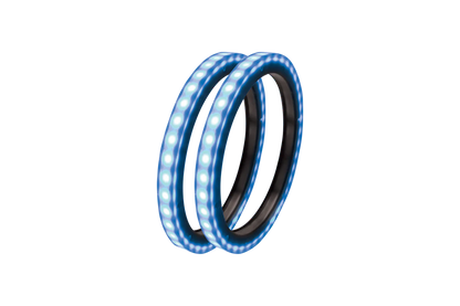 Two blue LED bicycle tire lights on a white background