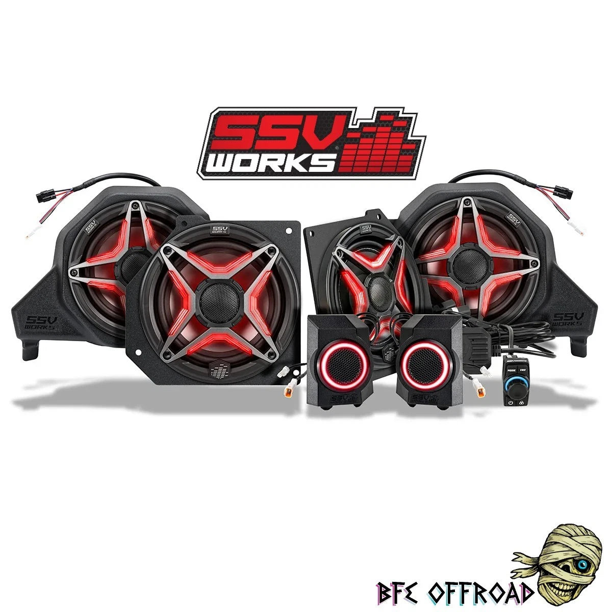 Car audio system with red and black design, featuring SSV Works logo on a white background.