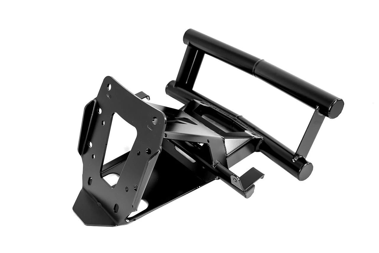 A black metal mounting bracket or frame component with a tubular handle-like bar, photographed on a clean white background.