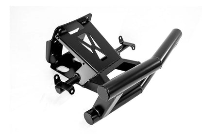 A black heavy-duty metal bull bar or front bumper frame assembly, photographed at an angle on a clean white background.
