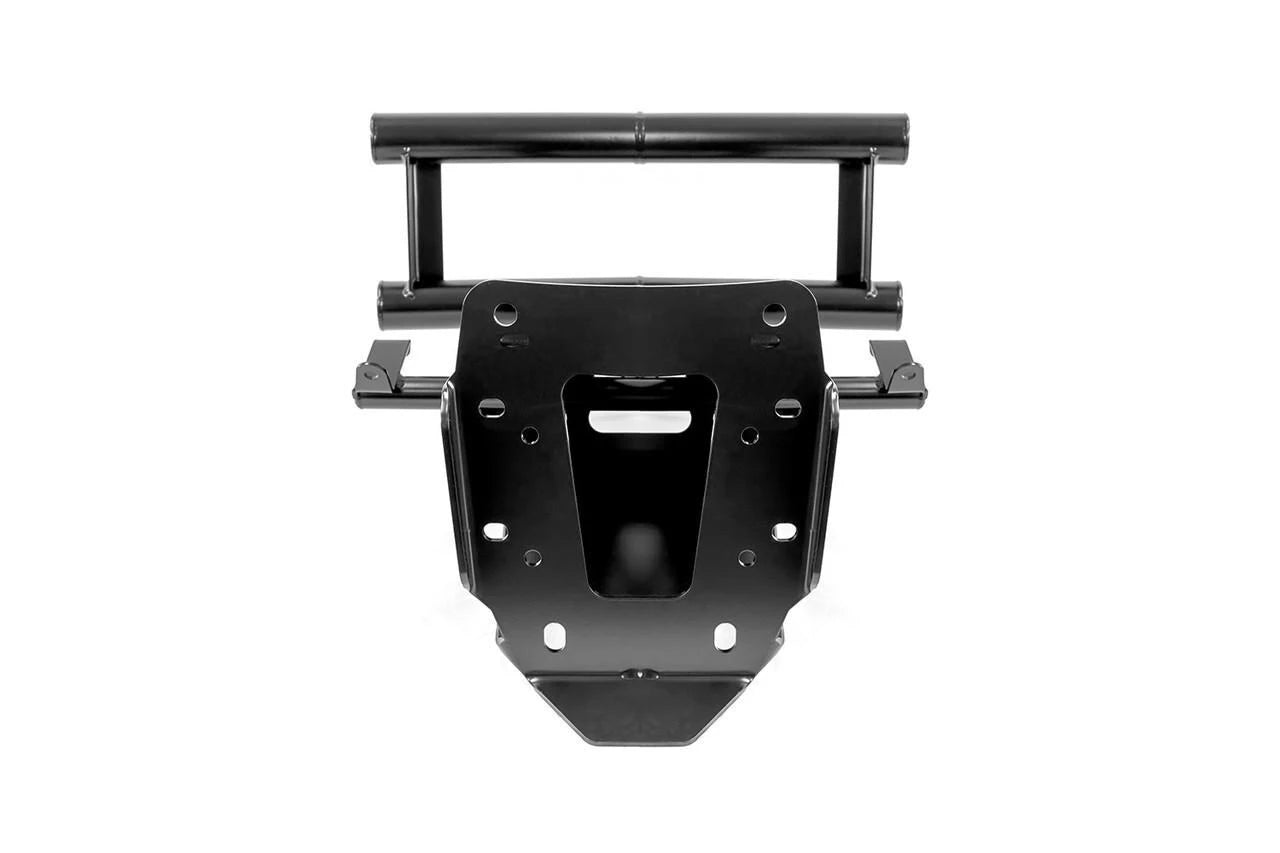 A black metal mounting bracket or frame component shown from the front on a plain white background.