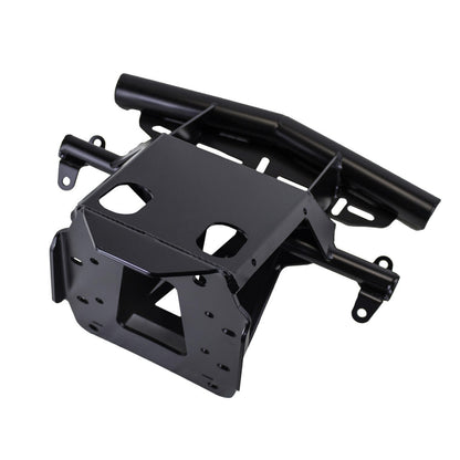 A heavy-duty black metal frame or chassis component with mounting holes and tubular bars, photographed on a solid white background.
