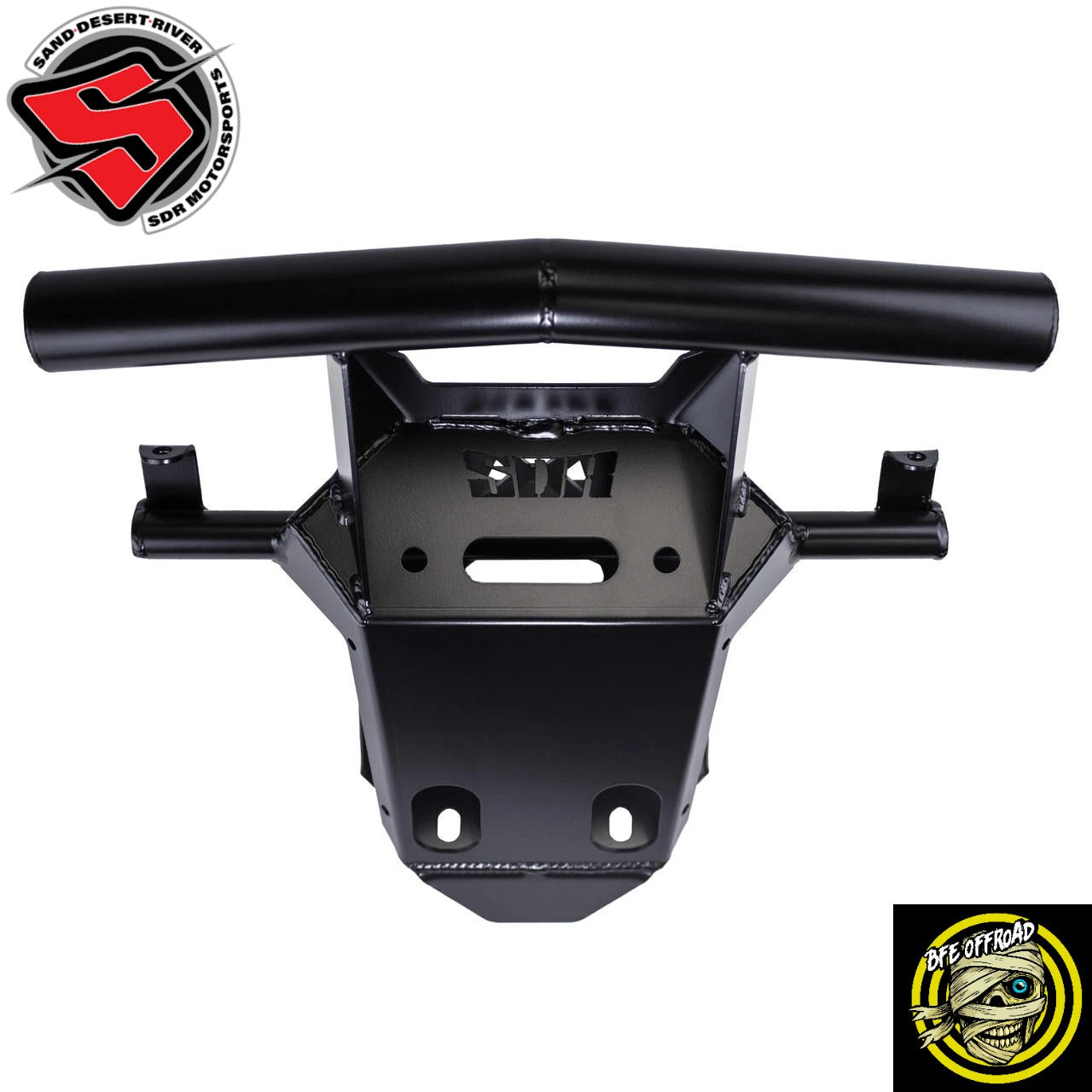 A black metal front bumper guard or brush guard for a vehicle, shown from a front-facing angle on a white background. The image includes a 'SDR' logo in the top-left corner and a 'BFE Offroad' logo in the bottom-right corner.