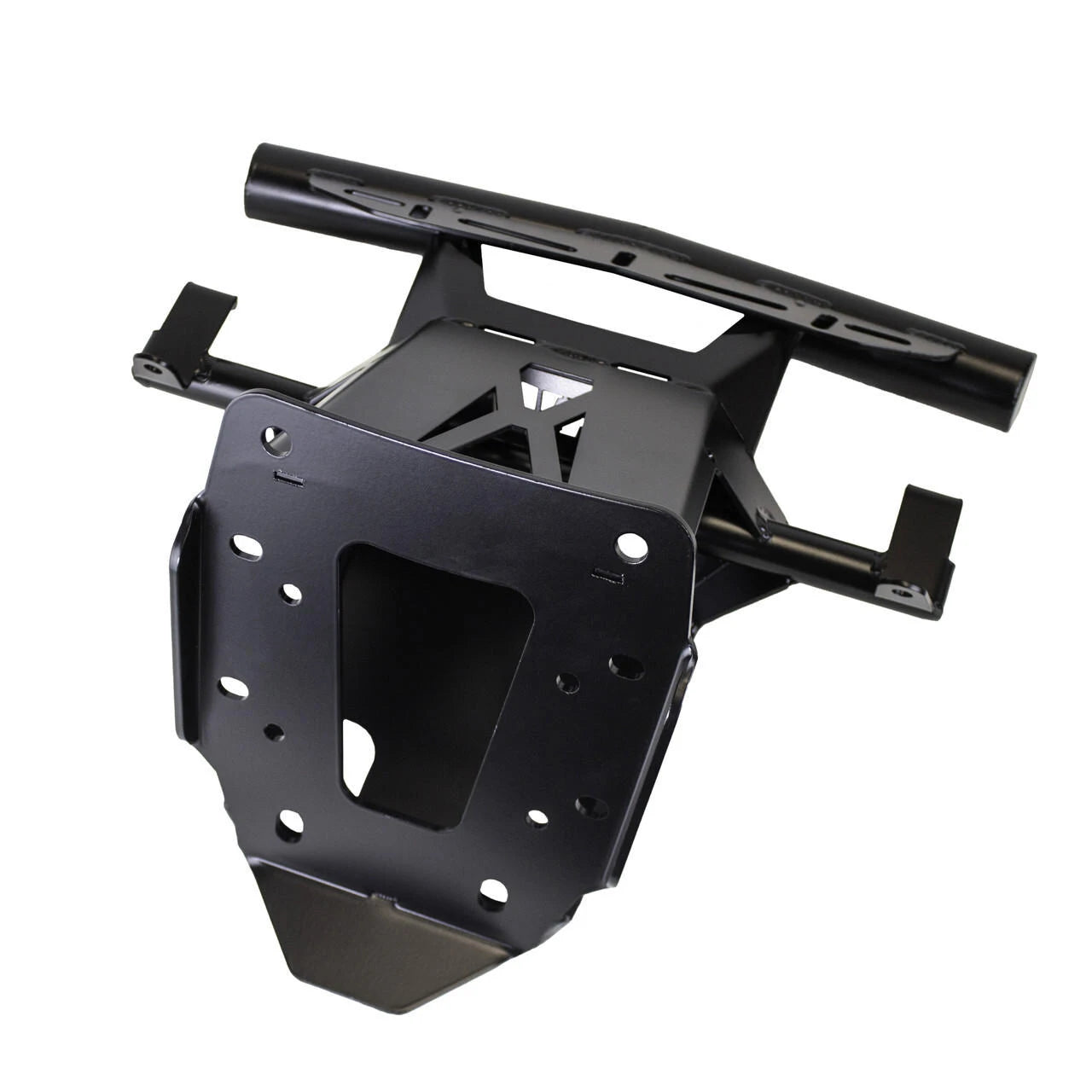 A black metal mounting bracket or frame component with multiple bolt holes and a horizontal bar, shown on a plain white background.