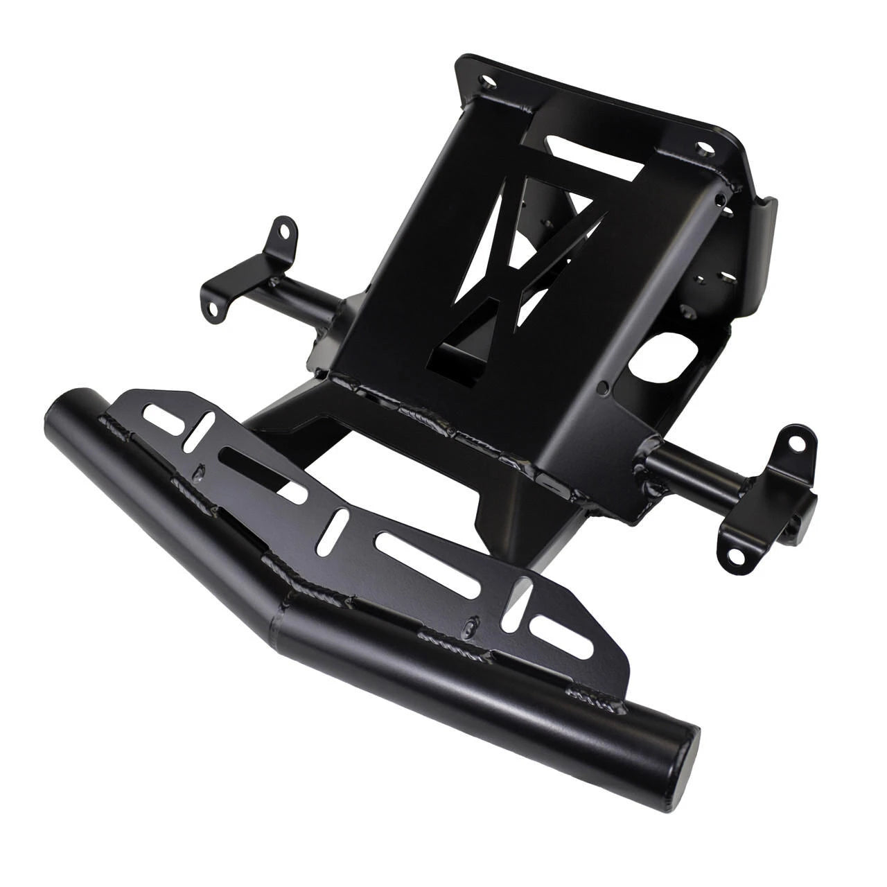 A black metal ATV or off-road vehicle front bumper and mounting bracket assembly, photographed on a solid white background.