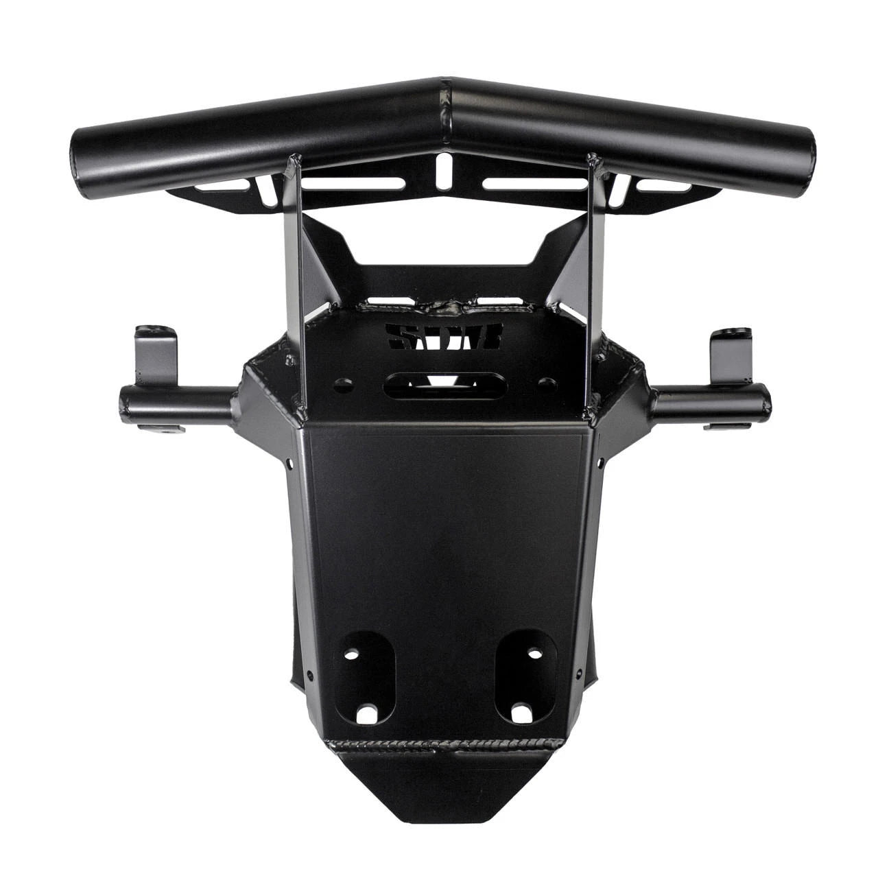 A heavy-duty black metal bull bar or front bumper mount with a tubular top bar and mounting brackets, shown against a plain white background.