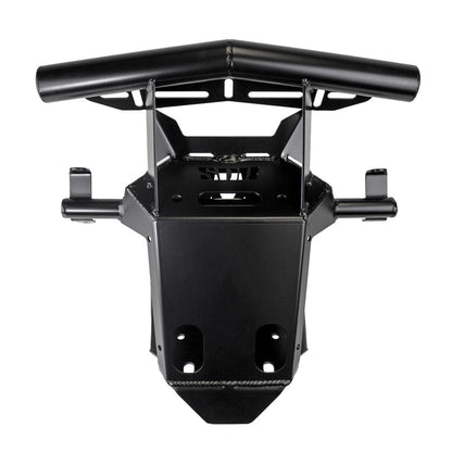 A heavy-duty black metal bull bar or front bumper mount with a tubular top bar and mounting brackets, shown against a plain white background.