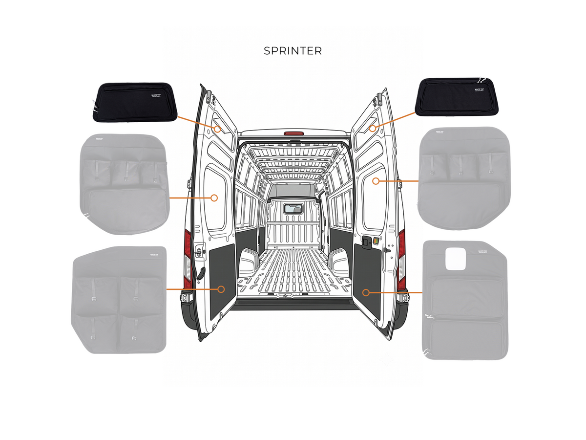 White Top Adventures Mercedes Sprinter 2019+ Upper Rear Door Storage Panels (Pair)
