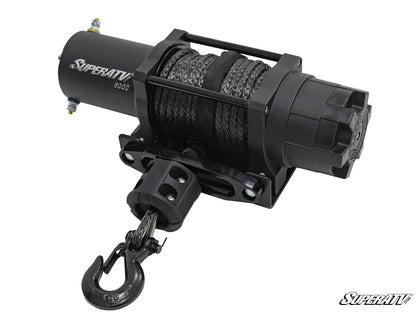SuperATV winch with cable and hook on a white background