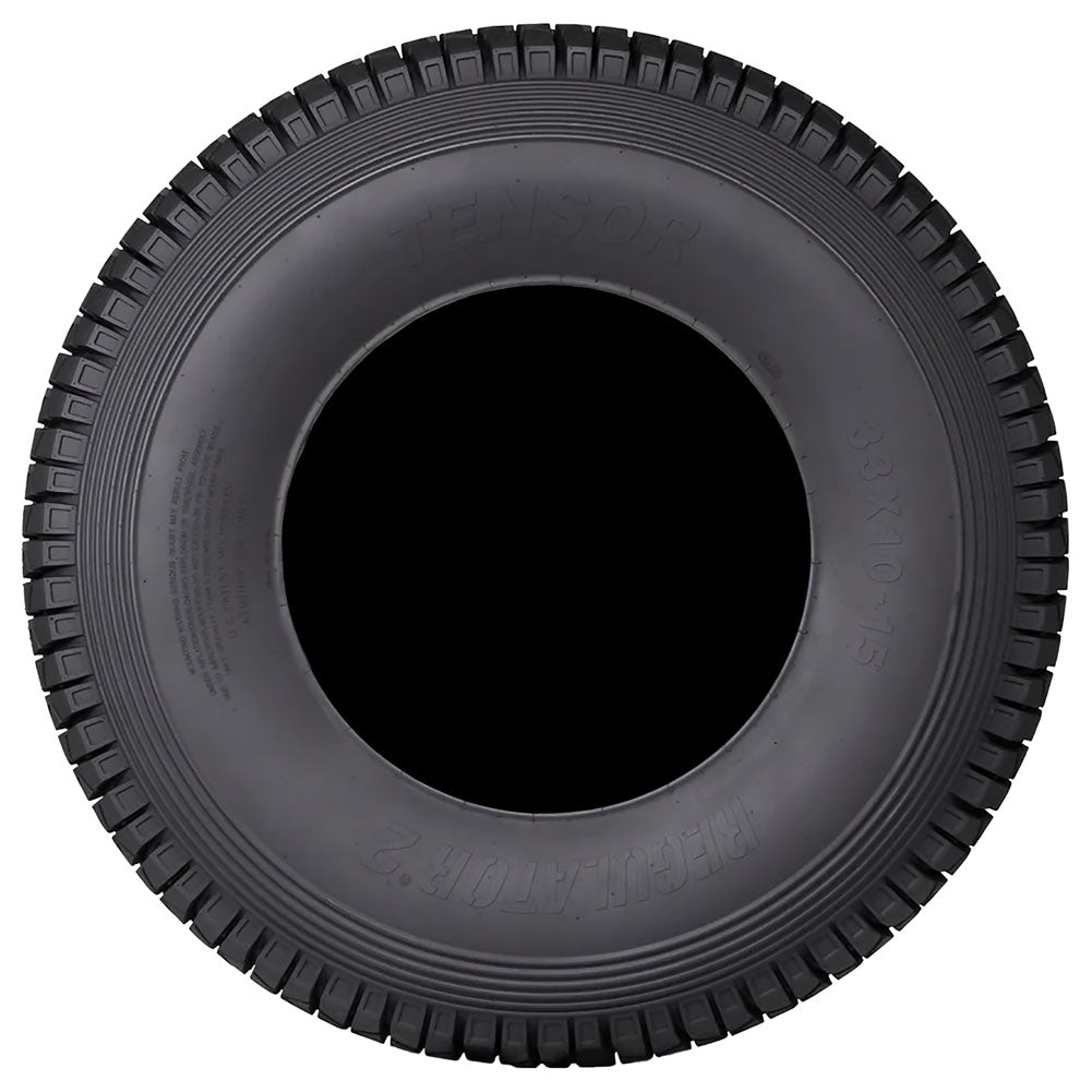 Black tire with tread pattern on a white background