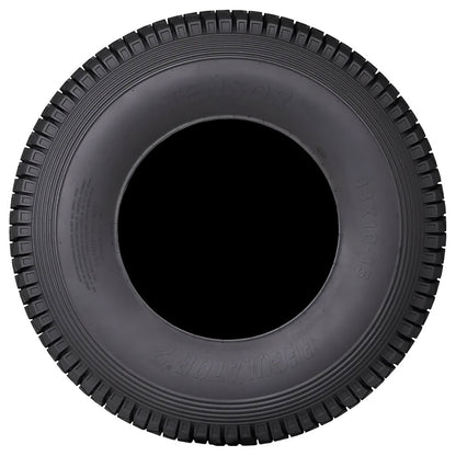 Black tire with tread pattern on a white background