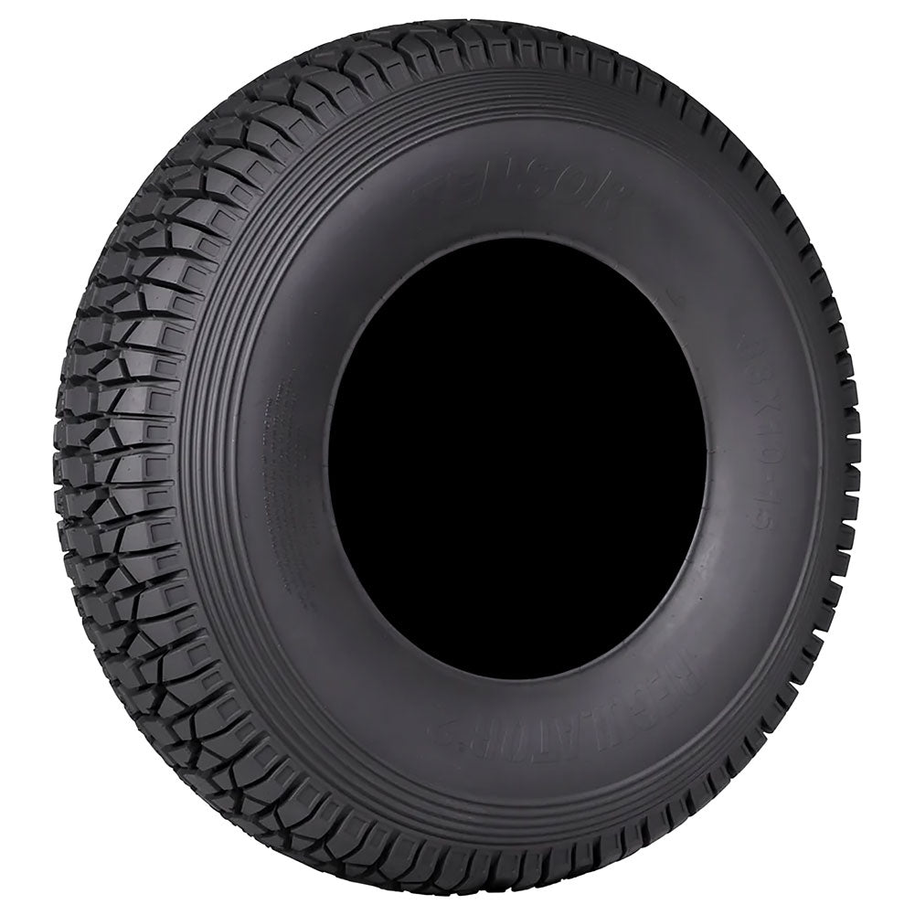 Black tire with tread pattern on a white background