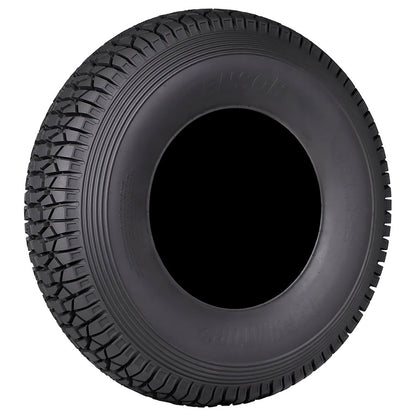 Black tire with tread pattern on a white background