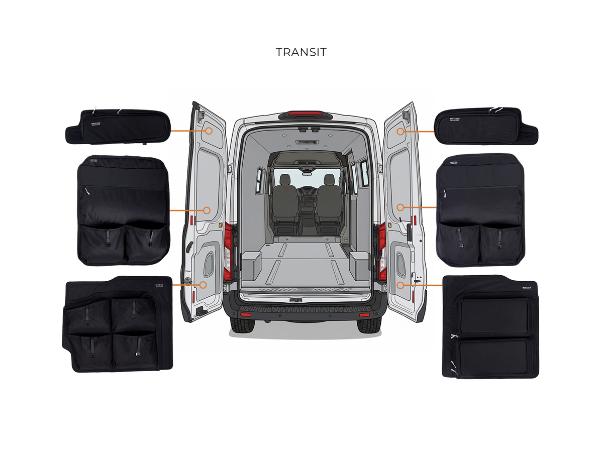 White Top Adventures Ford Transit High Roof 2015+ Rear Door Storage Panels Bundle (Upper, Middle & Lower)